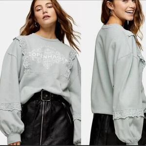 TopShop Copenhagen Lace Sweatshirt Pullover Long Sleeve Shirt Top Sage Green NWT